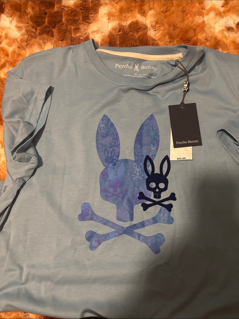 Psycho Bunny men Sky Blue Tee with Blue Skull-and-Bunny Graphic
